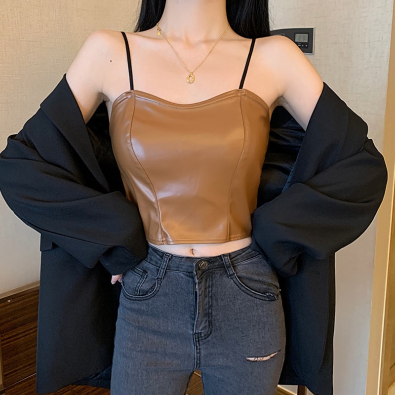 Brroa Áo Croptop Giả Da Hai Dây Cổ Thấp Có Đệm Ngực Gợi Cảm