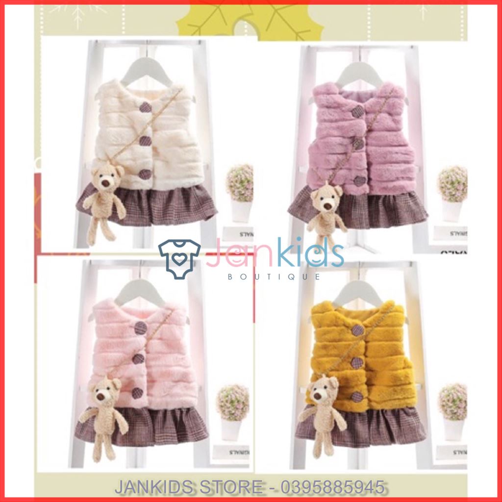 Áo khoác gile lông kèm chân váy kẻ sành điệu cho bé gái hàng quảng châu