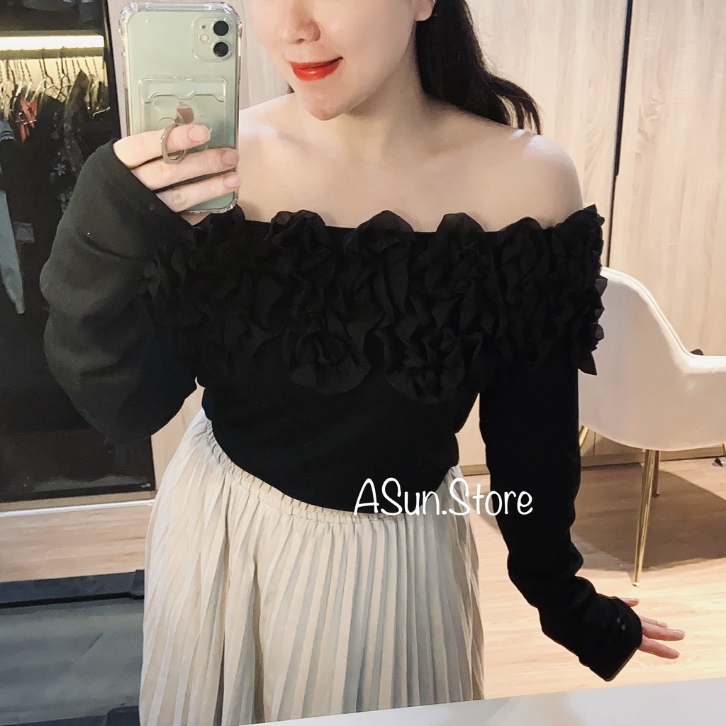 Áo trễ vai bèo loại 1💋FREESHIP💋ẢNH THẬT💋 áo bẹt vai hở vai len tăm cổ voan hoa hồng đen thiết kế | BigBuy360 - bigbuy360.vn