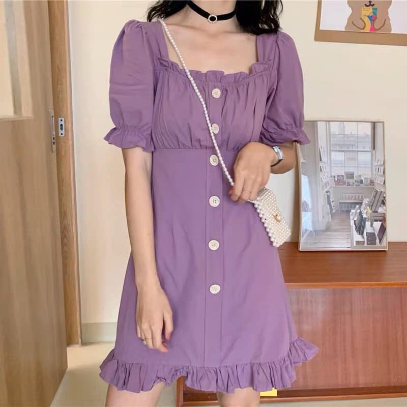 Váy sắc tím hottrend cổ vuông dịu dàng phong cách Pháp