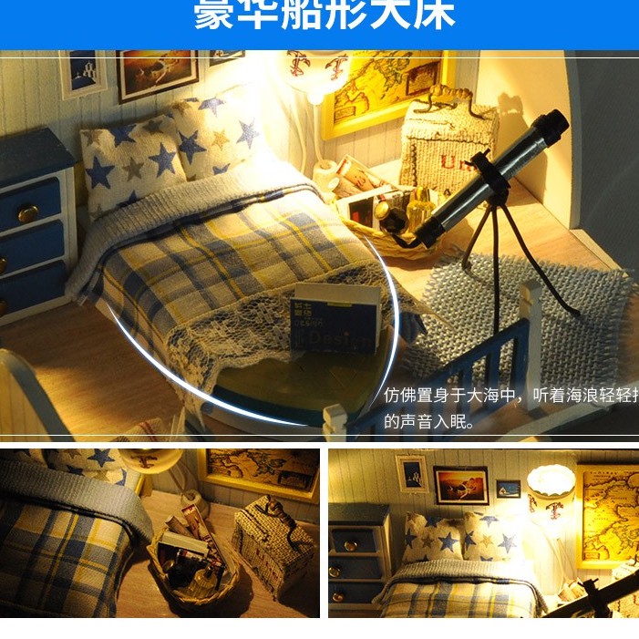 Mô hình nhà thu nhỏ Gác xép Địa Trung Hải CÓ LỒNG CHE BỤI MICA tiny house mô hình nhà gỗ búp bê có nội thất đàn piano