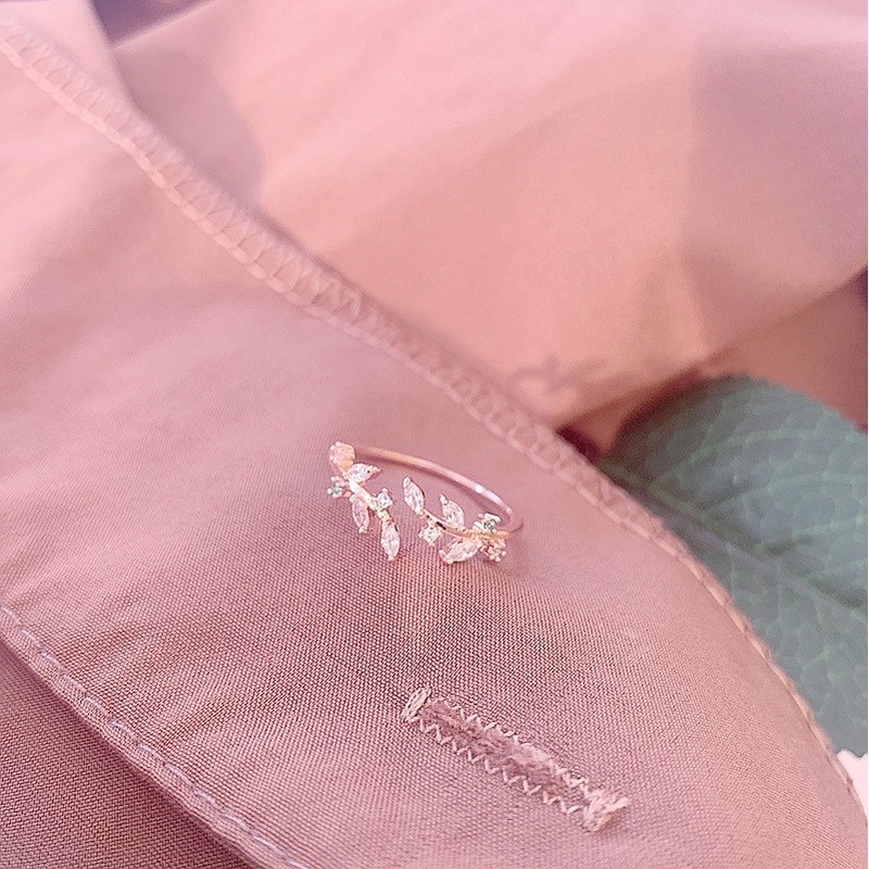 Nhẫn hở đính đá mạ bạc 925 hình chiếc lá thiết kế thời trang Hàn Quốc cho nữ