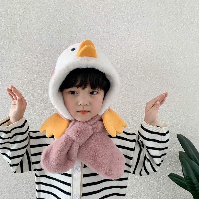 Mũ lông kèm khăn 2in1 [Hàng có sẵn] cho bé siêu ấm mềm mịn hình con gà (ảnh thật)