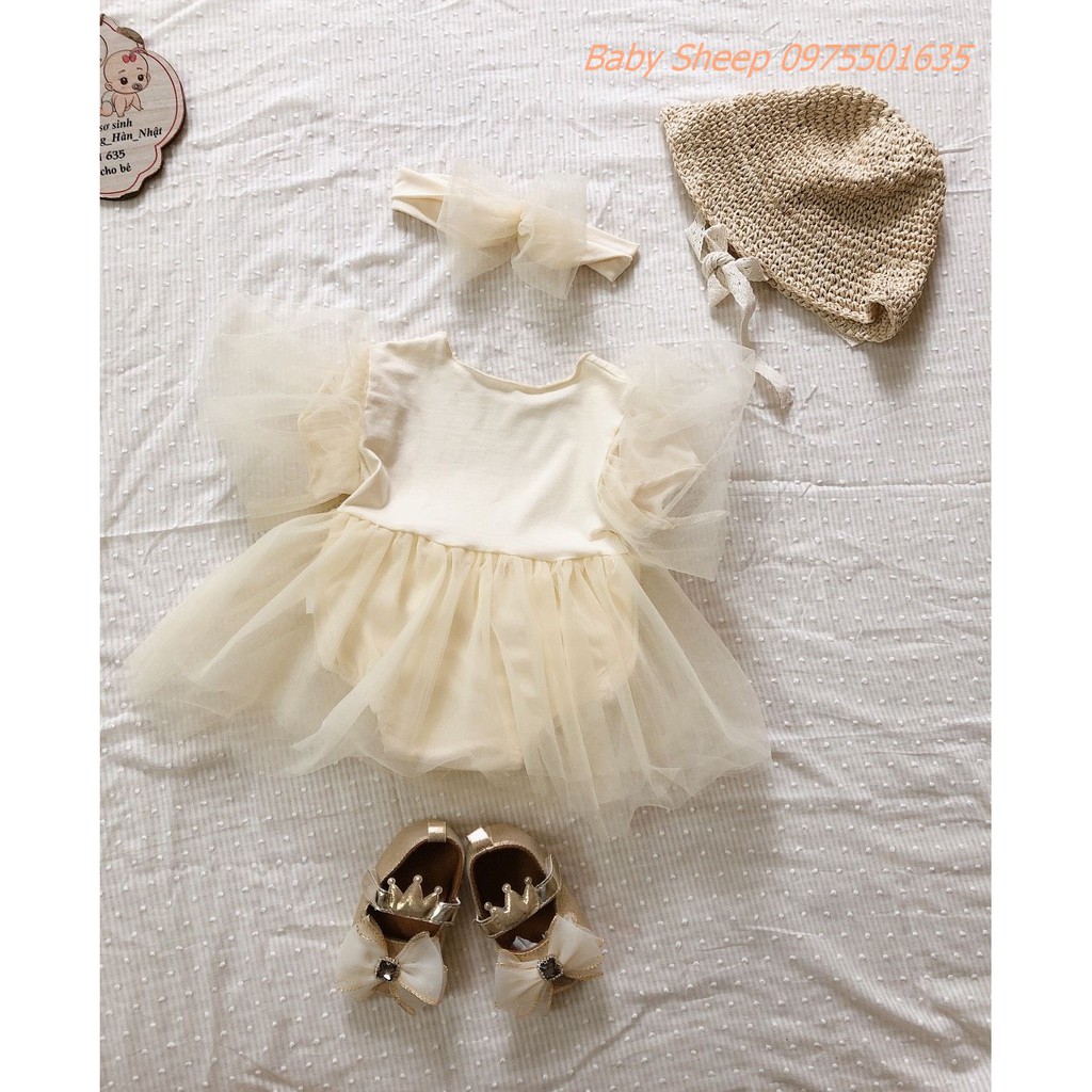 (Tặng Băng Đô) Váy body tiểu thư công chúa tay bồng váy xòe màu trắng và be Baby Sheep cho bé 0-2 tuổi hàng cao cấp