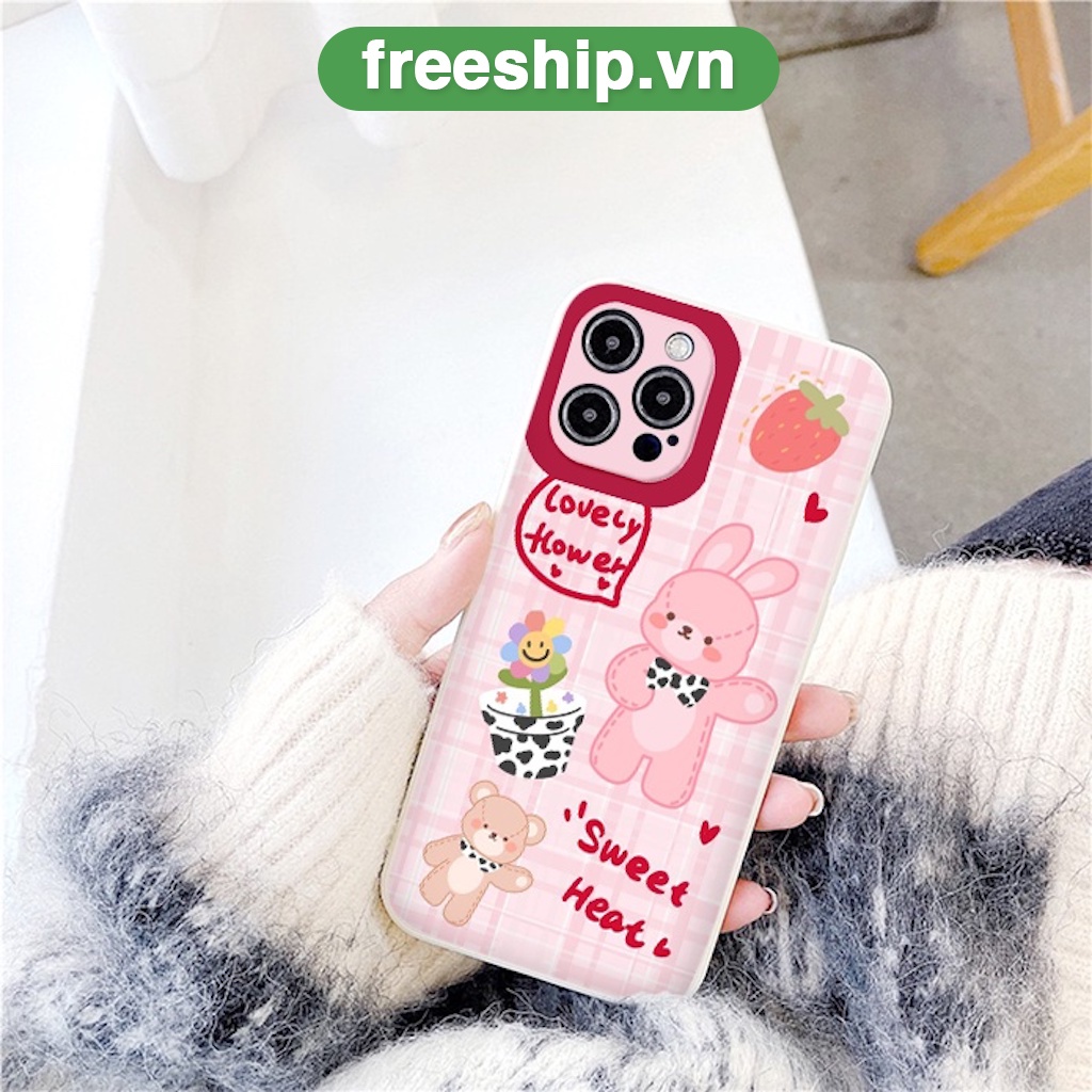 Ốp vuông iphone thỏ hồng Lovely Hower cute cho iPhone 13 12 11 Pro Max 7/7Plus/8/8Plus/X/Xs/Xs Max/11/11pro