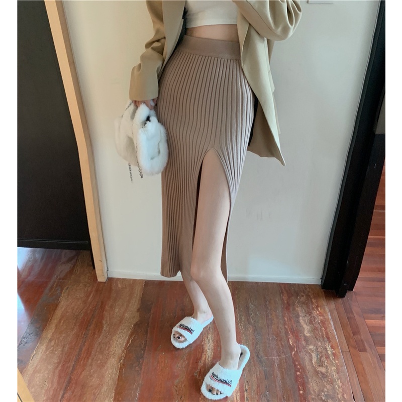 Cocory vn Chân Váy Dệt Kim Chữ A Lưng Cao Dáng Ôm Xẻ Tà Quyến Rũ Thời Trang Cho Nữ