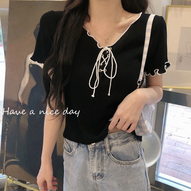 Áo Thun Dệt Kim Tay Ngắn Cổ Chữ V Cột Dây Thời Trang Mùa Hè 2022 Cho Nữ