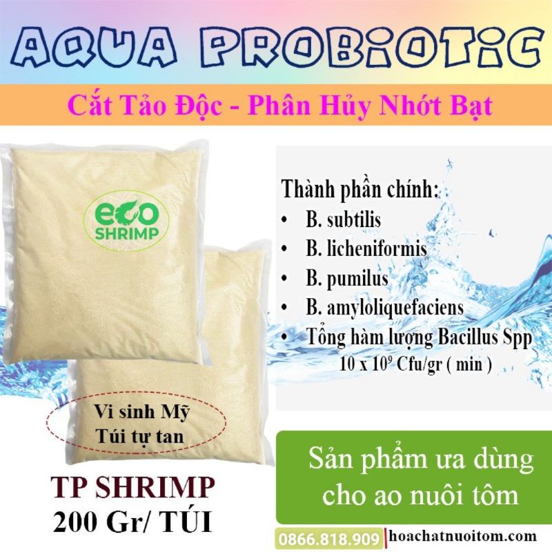 Bio Shrimp Vi Sinh Nguyên Liệu Nuôi Tôm Dùng Cắt Tảo Độc Phân Hủy Nhớt Bạt Nhập Khẩu Túi Tự Tan 200gr
