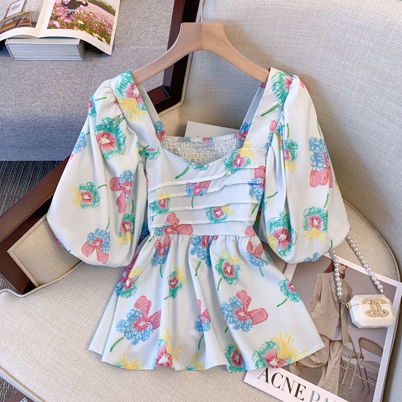 Áo Kiểu Tay Ngắn Cổ Vuông In Hoa Thời Trang Mùa Hè Xinh Xắn Cho Nữ