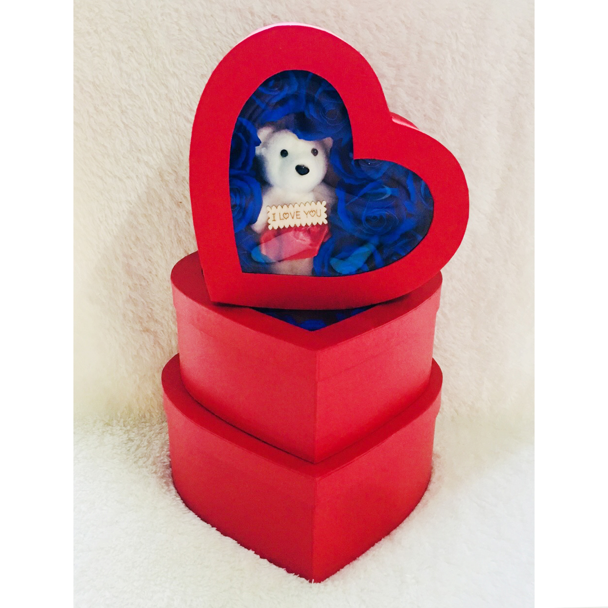 Quà lưu niệm tình yêu trái tim màu đỏ, hoa sáp màu xanh, gấu bông, quà tặng valentine, quà tặng sinh nhật siêu đẹp