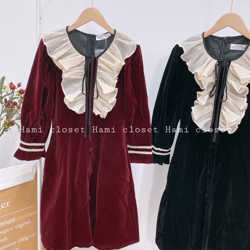 Váy nhung viền bèo tiêu thư hàng quảng châu cao cấp