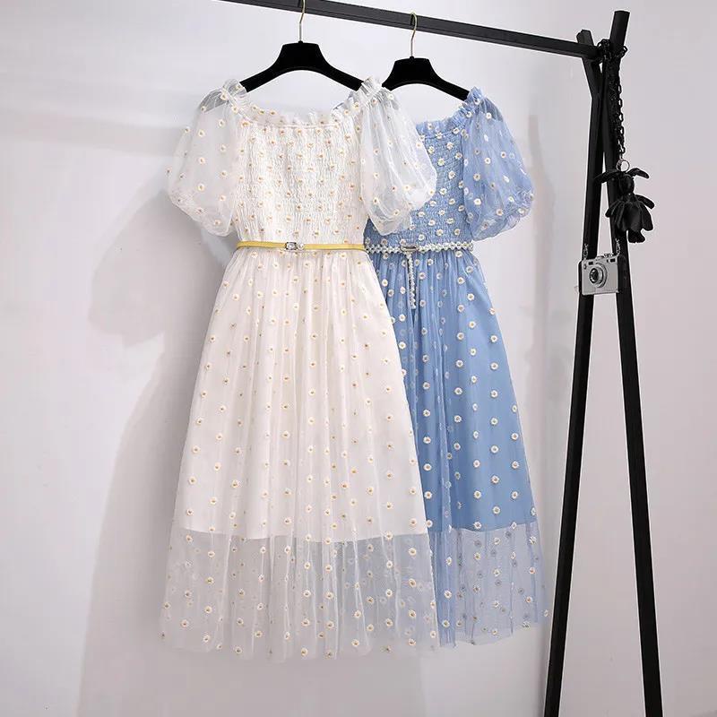 2022 new summer fashion dress women's middle and long cut waist thin white blue mesh bubble sleeve skirt