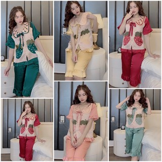Đồ Ngủ💖Đồ Bộ Pijama Lụa Satin Áo Cộc-Quần Lửng Họa Tiết
