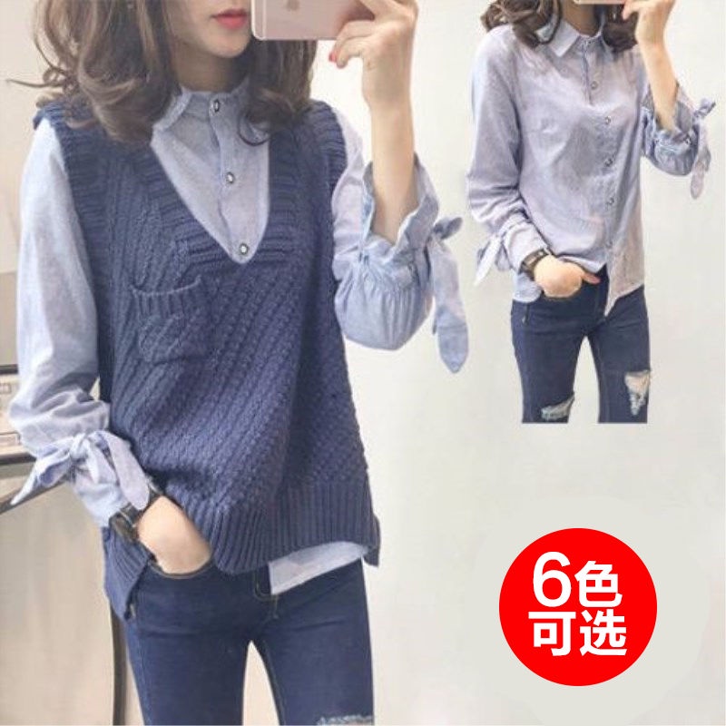 Bộ Áo Sơ Mi Dệt Kim Màu Trơn Có Túi Trước Và Sau Phối Áo Len Dài Tay Màu Trơn Thời Trang Cho Nữ