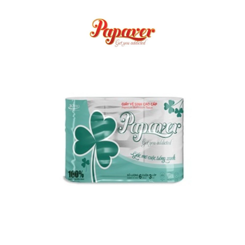 Giấy Vệ Sinh Cao Cấp Papaver, 1 Lốc 6 Cuộn, 3 Lớp, Có Lõi/Không Lõi, 100% bột Giấy Nguyên Sinh