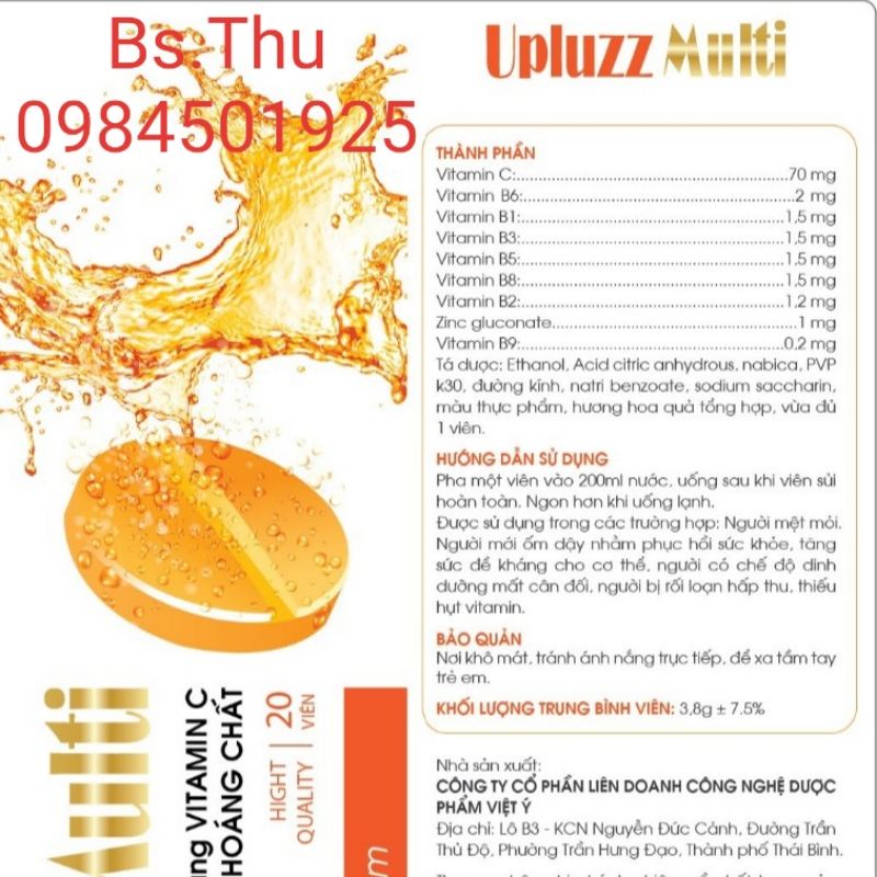 UPLUZZ MULTI tube 20 viên C sủi hương cam bổ sung Vitamin và khoáng chất siêu ngon