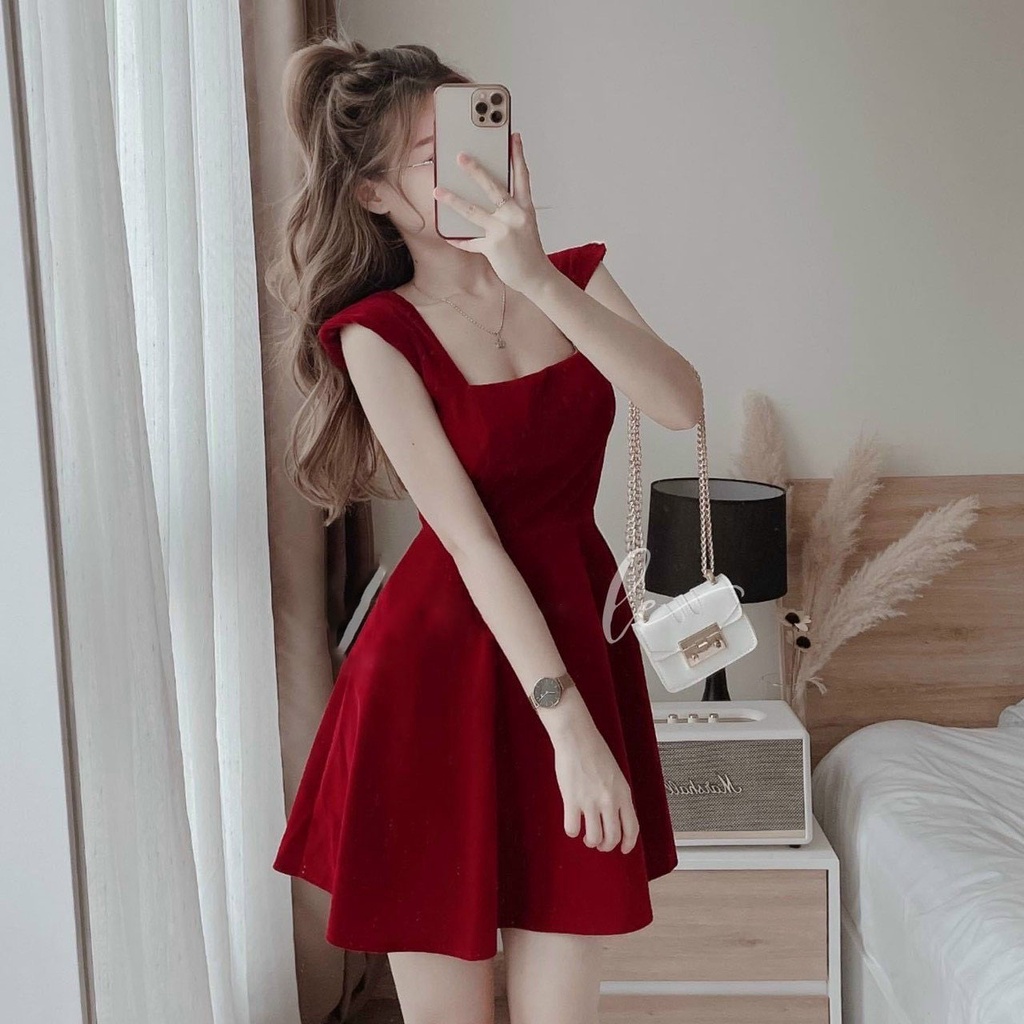 [HCM] Đầm Nhung Nữ Cổ Vuông Dự Tiệc Cao Cấp Thời Trang Nữ Sam Closet Free Size 40-55kg