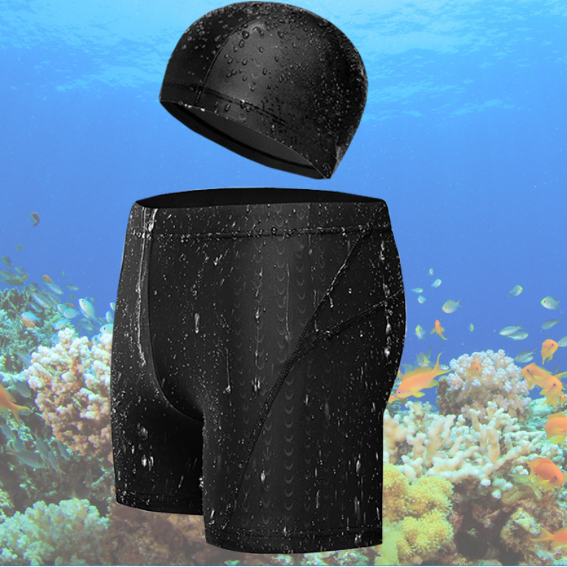 Mens Waterproof Black Swimming Pants Set With Swimming Cap
