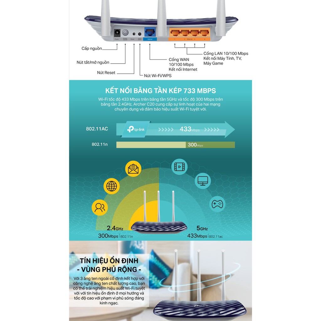 Bộ Phát Wifi Tp-Link Archer C20 Băng Tần Kép AC750 - Hàng Chính Hãng | WebRaoVat - webraovat.net.vn