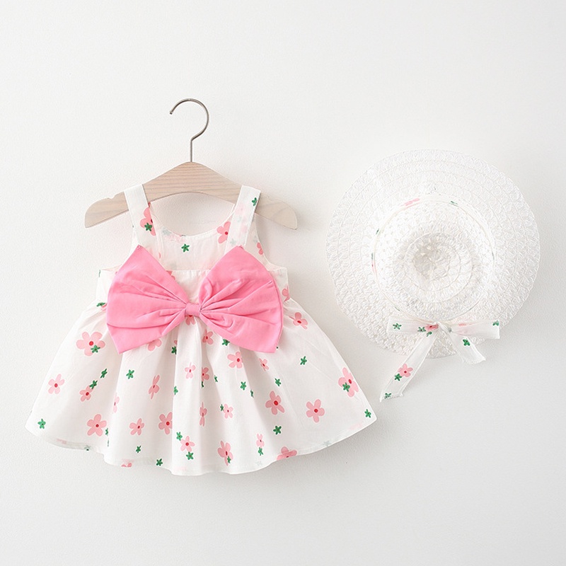 Đầm Hai Dây Vải Cotton In Hoa Đính Nơ Kèm Mũ Thời Trang Xinh Xắn Cho Bé Gái