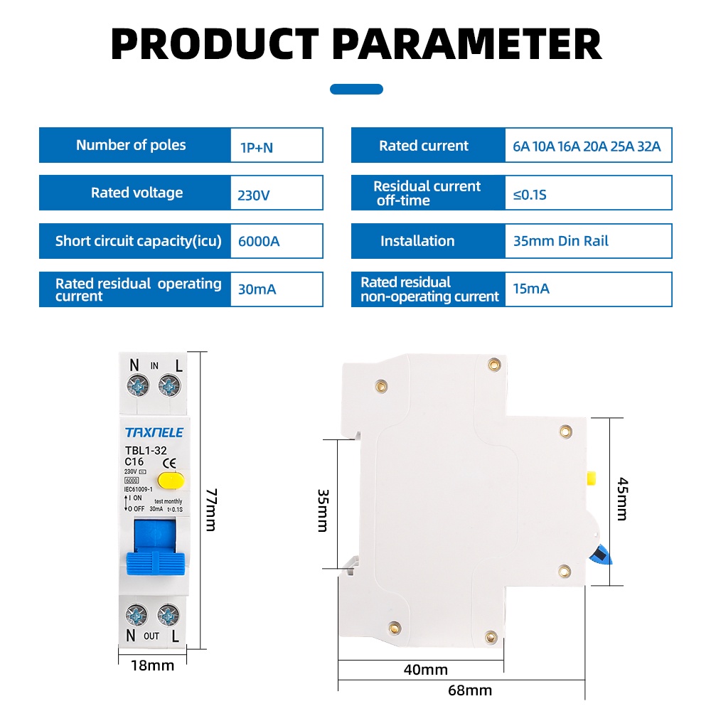 Linh Kiện Ngắt Kết Nối Tự Động 230v 50 / 60hz rcbo 1p + n 18mm mini 6ka Sự Bảo Vệ