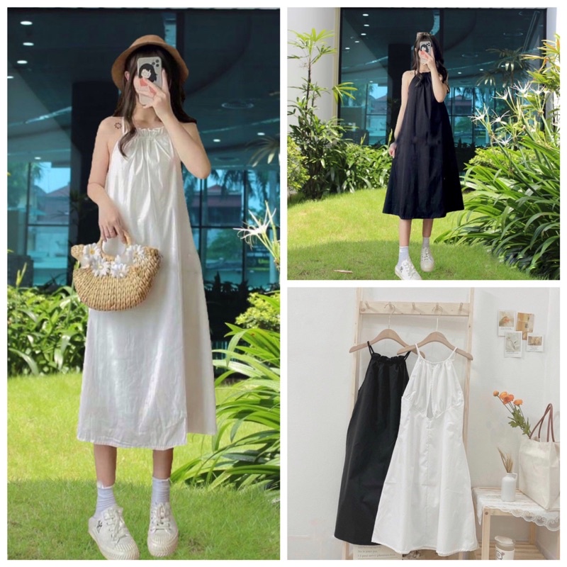 Váy cổ yếm 2 dây xẻ đi biển lưng sống Ảo Ảnh Thật
