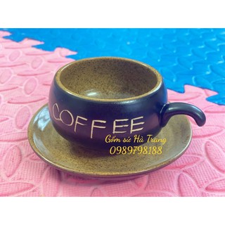 set tách đĩa cafe dung tích 100ml gốm sứ Bát Tràng cao cấp men đen lòng nâu gốm hạt tiêu khắc chữ  COFFEE