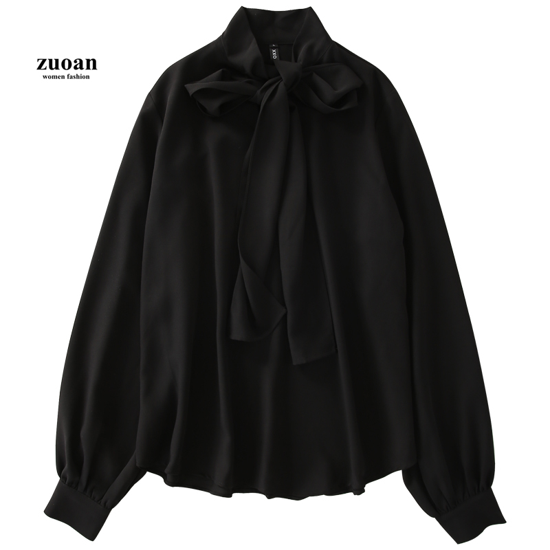 Áo kiểu SUXI tay dài phồng cổ chữ V xẻ sâu có dây thắt nơ thời trang mùa thu thanh lịch dành cho nữ