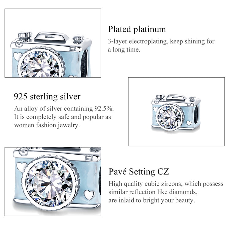 Hạt charm Bamoer chất liệu bạc 925 hình máy ảnh trang trí vòng tay