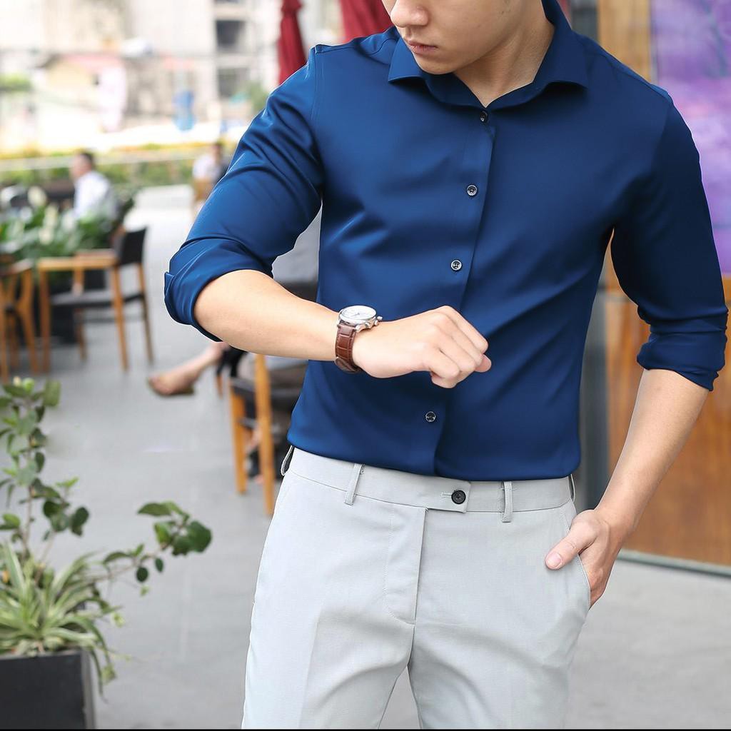 Sơ Mi Dài Tay Nam Không Nhăn Xù Dáng Slimfit trẻ trung vải cotton hơi co dãn