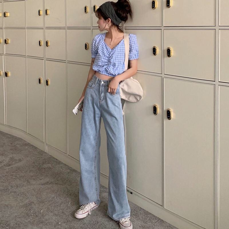 Quần jean denim ống rộng lưng cao xinh xắn cho nữ