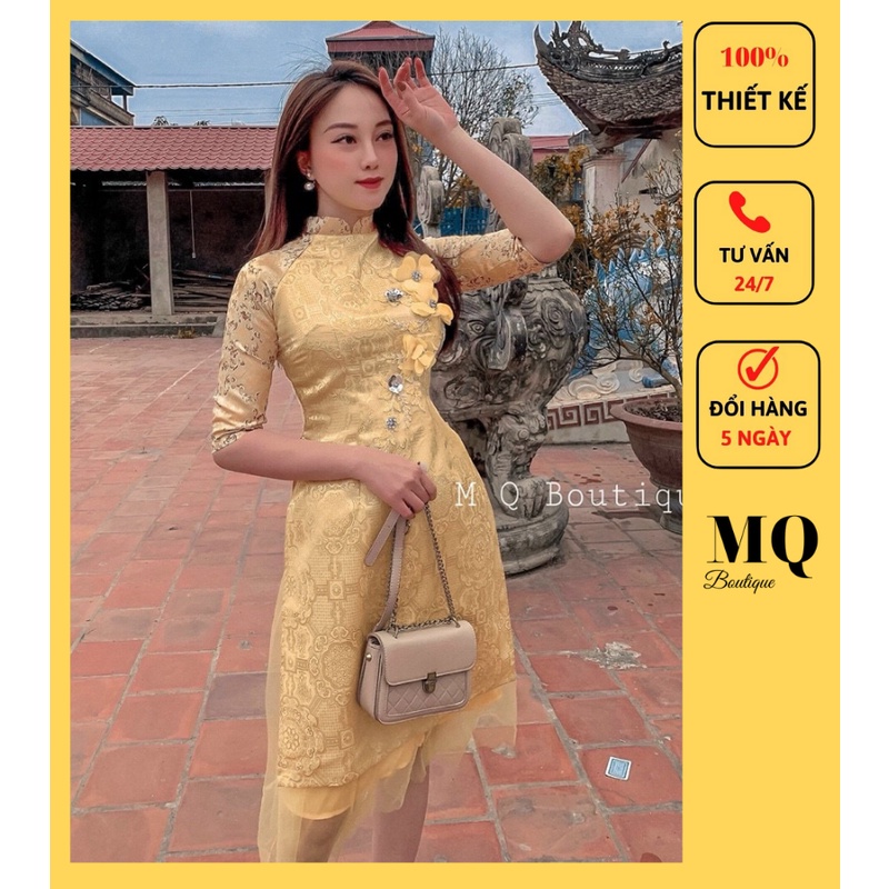Áo dài cách tân gấm nữ MQ Boutique truyền thống thiết kế cao cấp tay lỡ đính hoa ngực mặc tết đi đám cưới