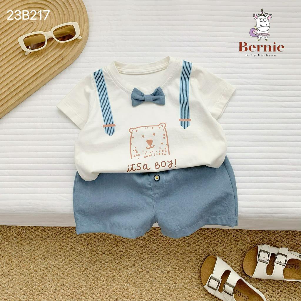 Bộ cotton công tử đính nơ sành điệu cho bé, bộ thun quần đũi phong cách Hàn Quốc Bernie