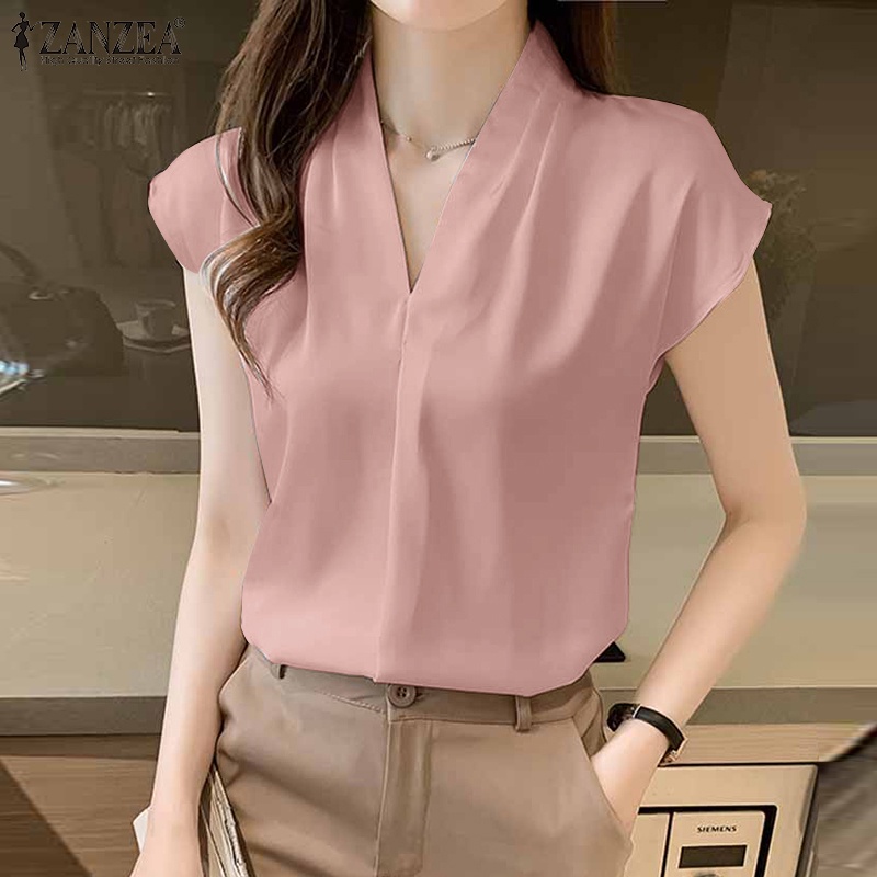 ZANZEA Áo Sơ Mi Vải Satin Tay Ngắn Cổ Chữ V Thời Trang Cho Nữ