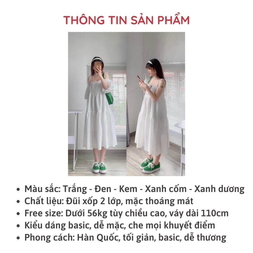 Đầm babydoll váy 2 dây maxi tay bồng rời dáng dài buộc nơ mặc được nhiều kiểu Sollle