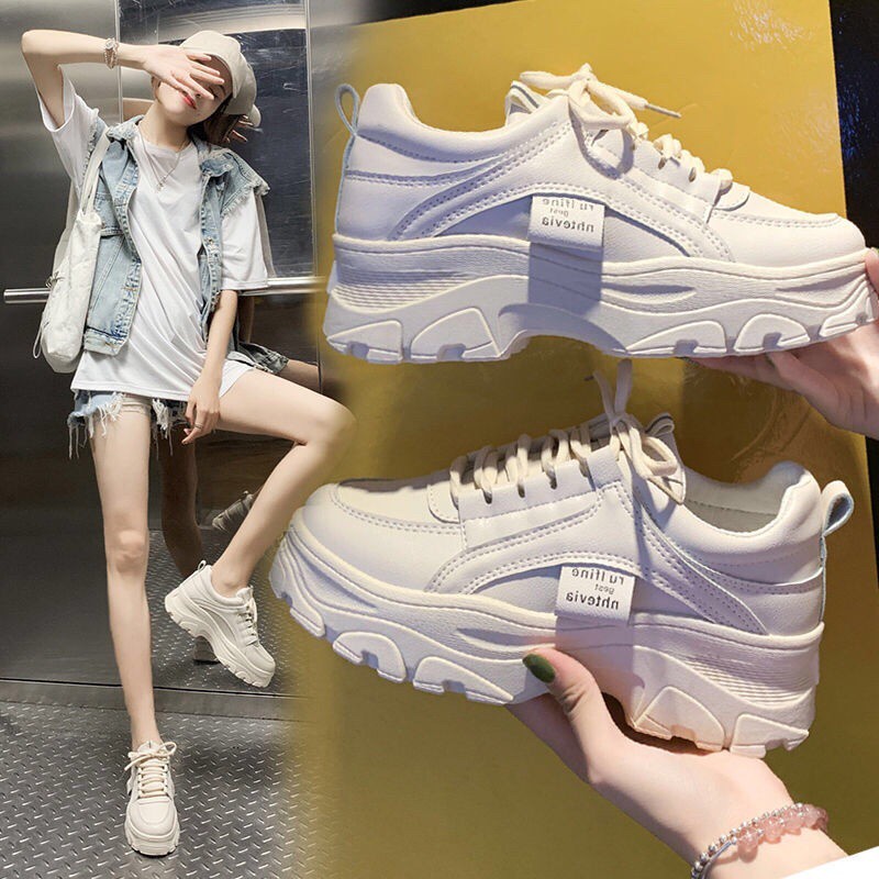 Giày thể thao nữ độn đế chất da PU,Giày Sneaker nữ Tăng Chiều Cao Màu Trắng Chất Liệu Da PU siêu cá tính