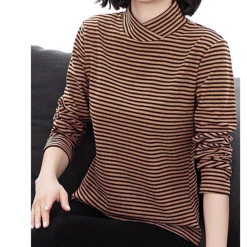 Áo thun tay dài cổ lọ họa tiết kẻ sọc thời trang cho phụ nữ trung niên