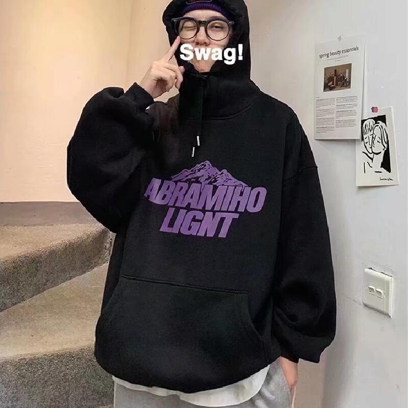 Áo hoodie dài tay dáng rộng màu trơn họa tiết hoạt hình thời trang Thu Đông cho nam