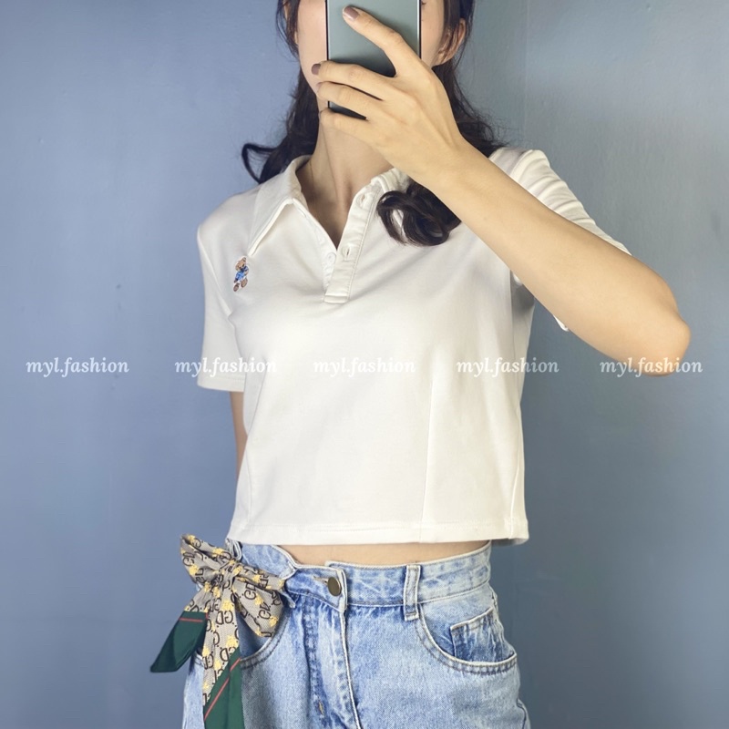 Áo thun croptop myl.fashion, áo kiểu croptop có cổ cộc tay thêu hình gấu | BigBuy360 - bigbuy360.vn