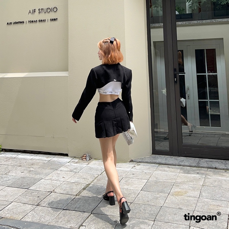 TINGOAN® - Chân váy đen cạp thường vạt xếp ly SAD MOOD SKIRT/BL