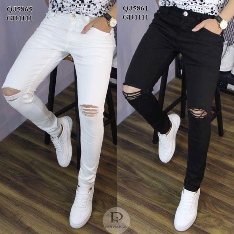 Quần jeans nam rách gối Đen Trắng ôm chân dày dặn co giãn bền đẹp thoải mái (Shop bán Chân Thành Uy Tín) ་