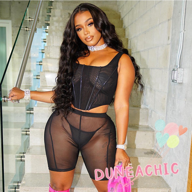 DUNEA Set Áo Tank Top Lưới Xuyên Thấu + Quần Sọt