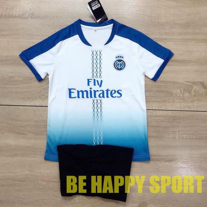Quần Áo Trẻ Em Real Madrid Trắng Xanh Quần Đen Trẻ Trung Hè 2021 - Bộ Thể Thao Trẻ Em PP Bởi Be Happy Sport
