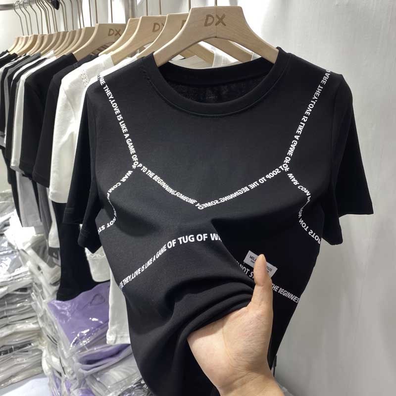 Áo Thun Cotton Tay Ngắn Hở Vai In Chữ Phong Cách Hong Kong Thanh Lịch Dễ Phối Đồ Cho Nữ Mã 95cotton