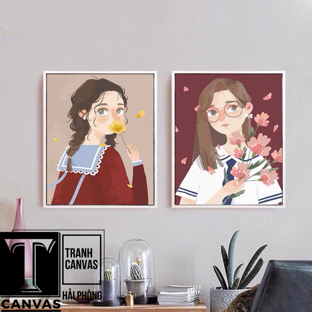 Tranh canvas treo tường phòng khách, tranh hiện đại nghệ thuật Cô gái cầm hoa CG72-81