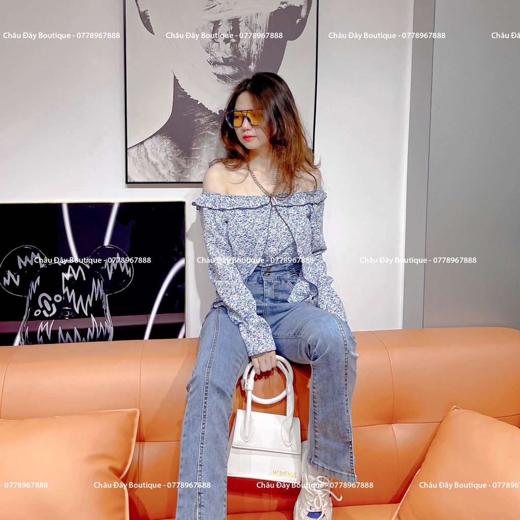 Set đồ nữ croptop xanh chấm bi phối quần jean form chuẩn Hotgirl Quảng Châu đẹp đường may tỉ mỉ chất lượng cao vải đẹp