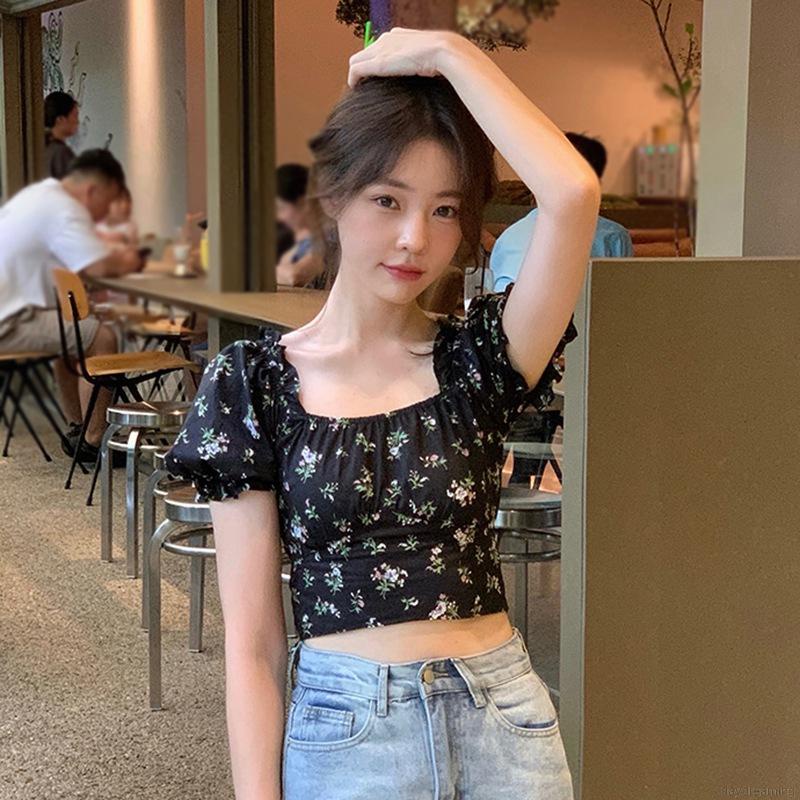 Áo Sơ Mi Nữ Áo Croptop Áo Thun Cổ Vuông Tay Phồng Cổ Vuông Hở Lưng In Họa Tiết Hoa Quyến Rũ Cho Nữ