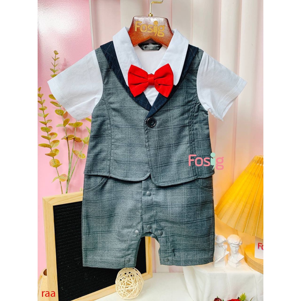 Set Vest Công Tử Bé Trai - Xám Đậm Nơ Đỏ, Body Công Tử Liền Quần
