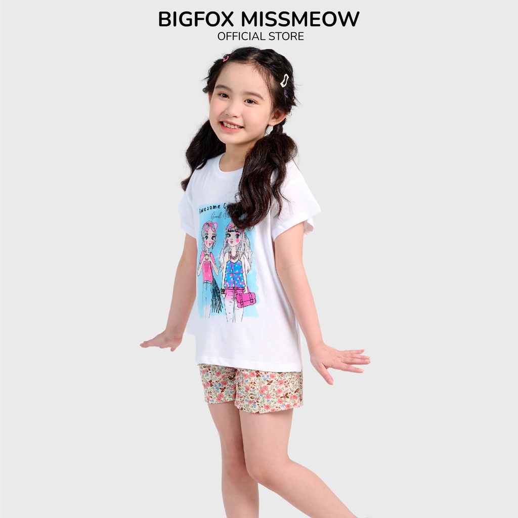 Bộ quần áo Bigfox Miss Meow cho bé gái mặc hè chất cotton hình in AWESOME size trẻ em 3,4,5,6,7,8,9,10,11 tuổi