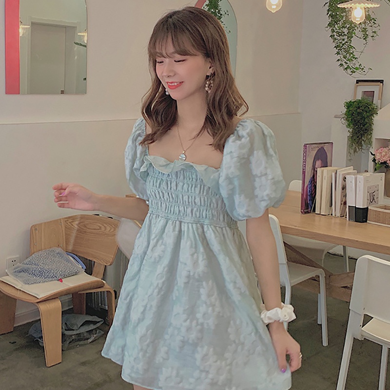 IELGY  Đầm Trễ Vai Tay Phồng Màu Trơn Mỏng Nhẹ Giảm Béo Thời Trang